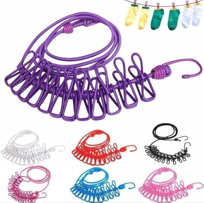 Portable Travel Clothesline with 12 Clips | Elastic Outdoor Drying Rope