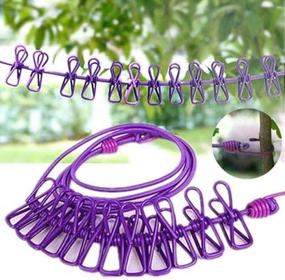 Portable Travel Clothesline with 12 Clips | Elastic Outdoor Drying Rope