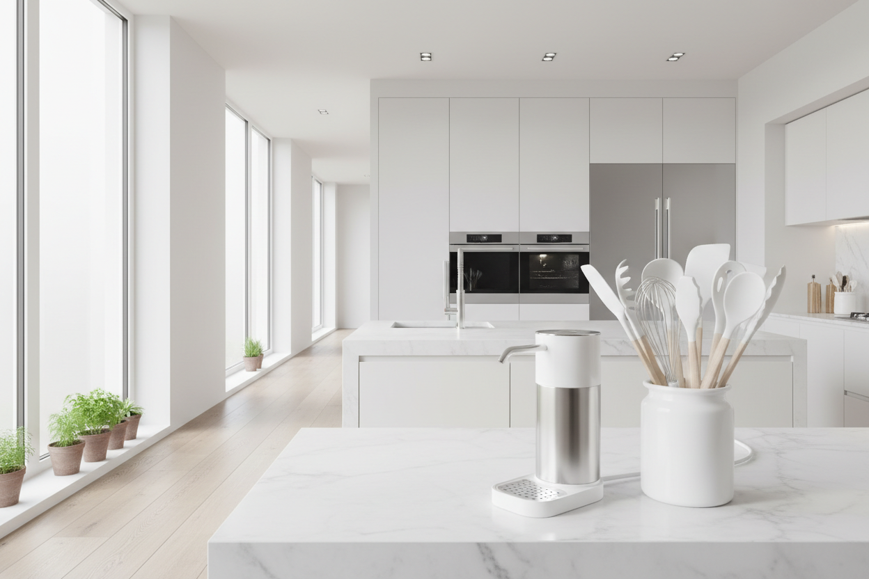 A bright, high-end kitchen scene showing the Water Bottle Pump on a counter and the 19pc Kitchen Utensil Set nearby. It should look clean, organized, and "lifestyle" focused.