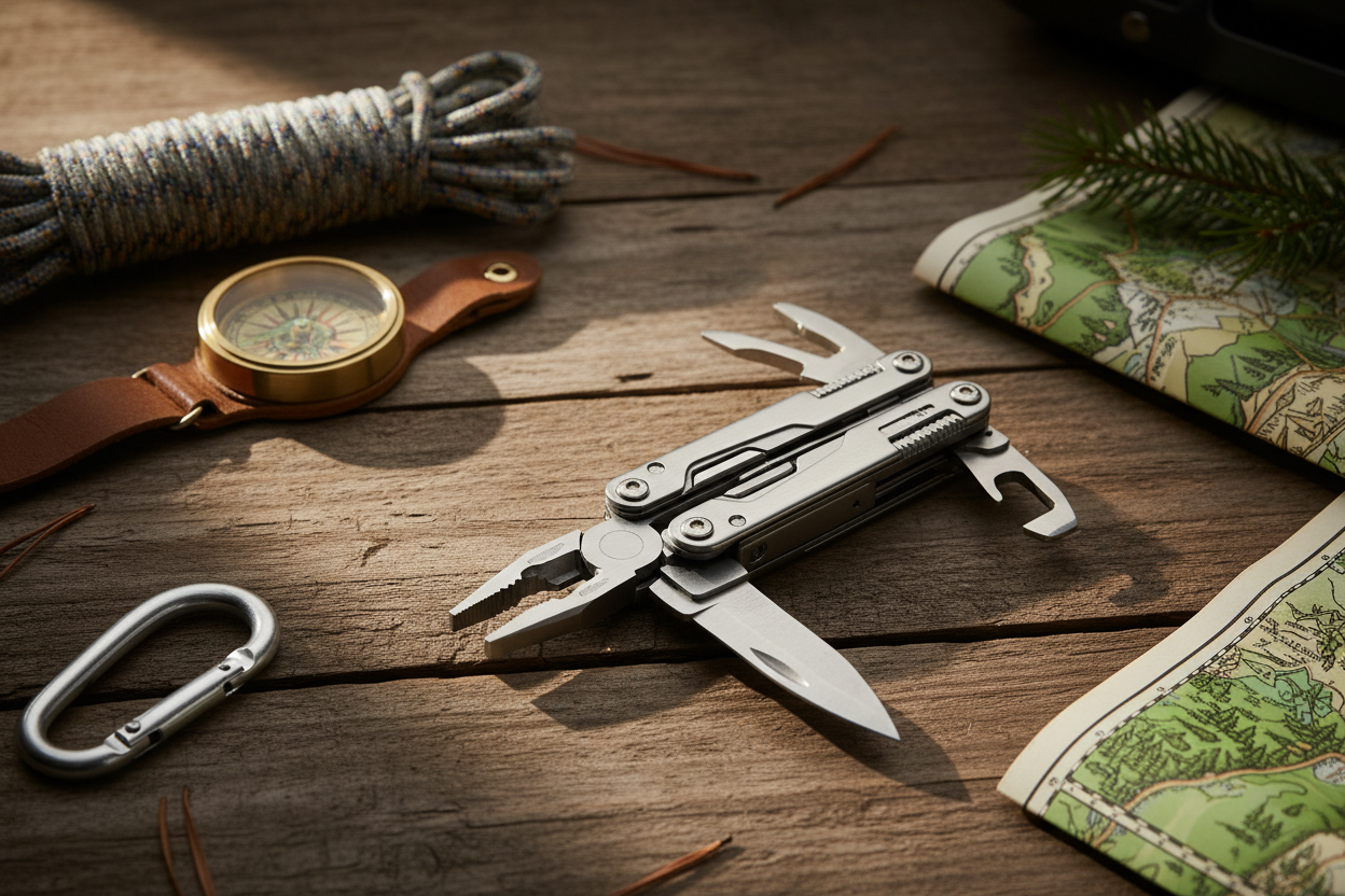 An action-oriented shot. Perhaps the 18-in-1 Multitool laid out on a wooden table with some camping gear, or a split-screen showing the Knife Sharpener and a professional-looking blade.